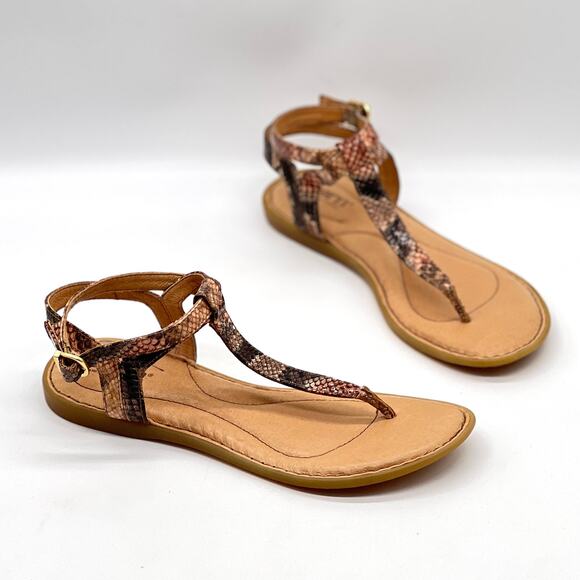 BORN Acqualina Sandal Womens 7 Pink Black Snake Embossed Leather T-strap Thong - Picture 1 of 8